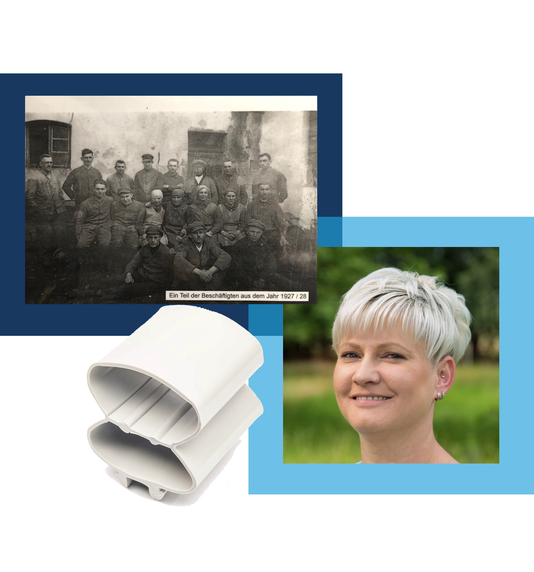 Ein historisches Gruppenfoto von Mitarbeitern aus dem Jahr 1927/28, daneben ein modernes Porträt einer Frau mit roten Haaren und eine technische Komponente.
