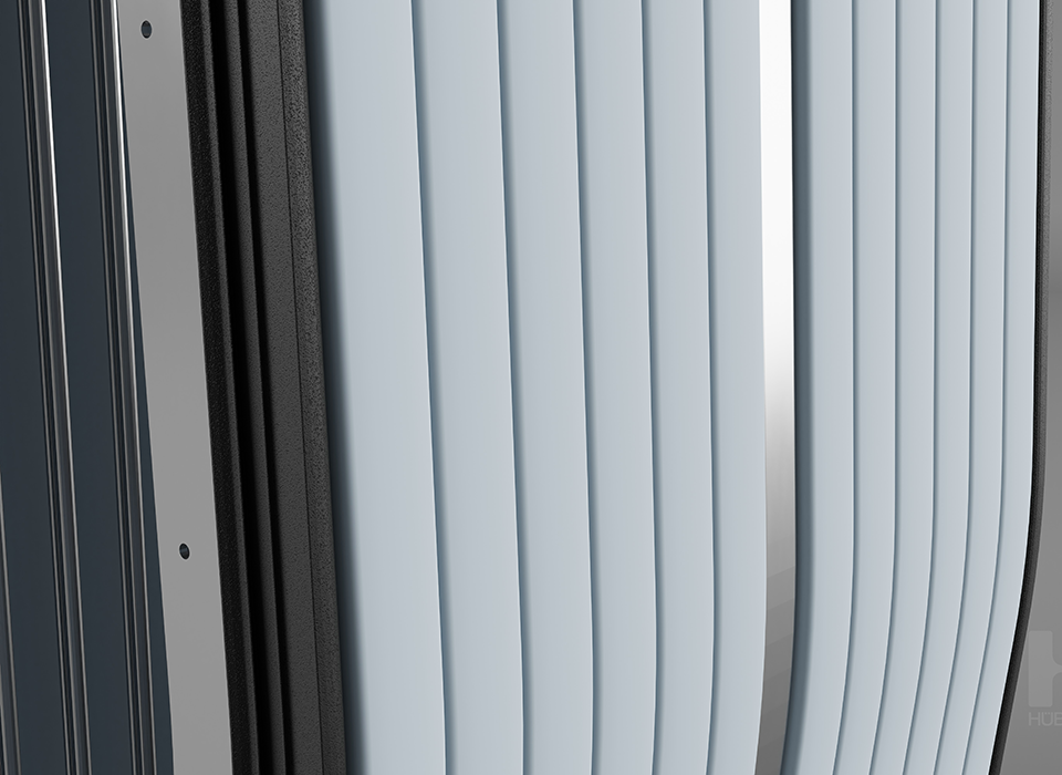 Detailed view of the fairing of a gangway system for high-speed trains