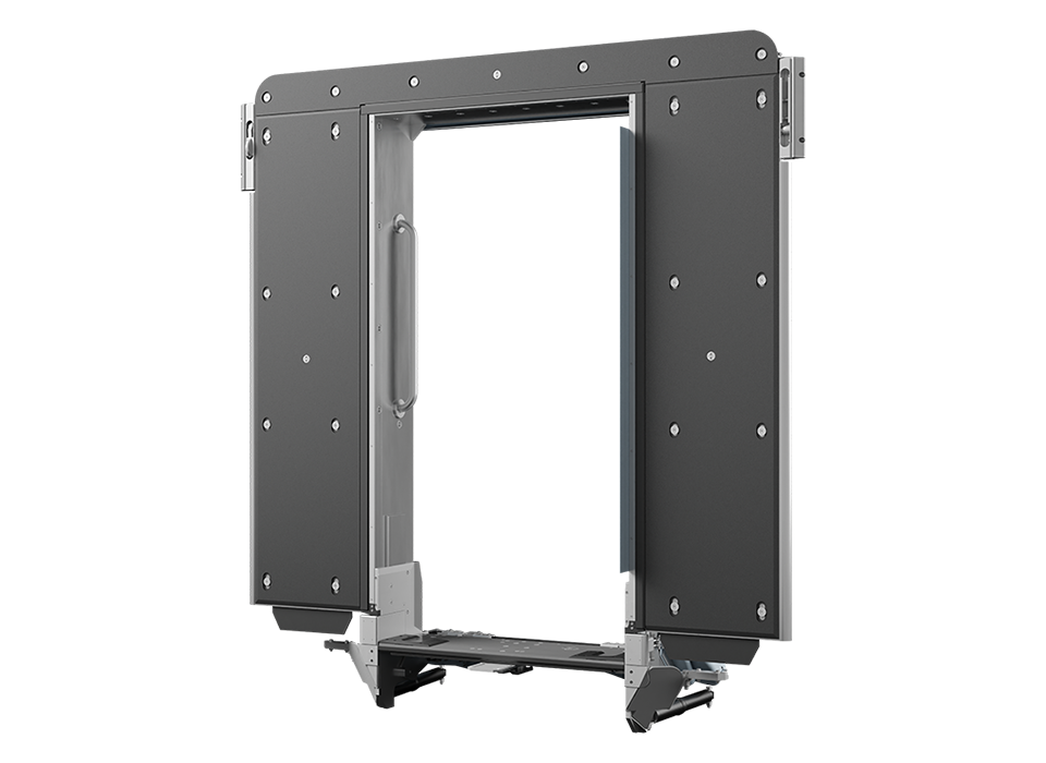 Gangway system for a passenger coach in full front view.